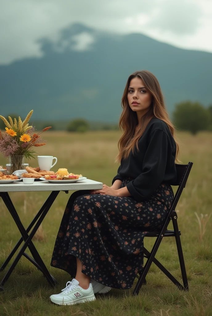 (Close-up of a better masterpiece:1.5)0.9],an woman with long hair, curvy body, wearing a plain black shirt, a long black skirt with a floral pattern, white newbalance shoes, sitting on a folding chair, a folding table full of food, and coffee in the background of a plain of wild grass, a dewy mountain, and a cloudy sky