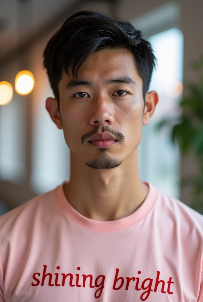 A man with a serious facial expression wearing a light pink T-shirt with the words "Shining Bright" printed on it. The background appears to be an indoor setting with bright lighting that highlights the man's face and T-shirt. He has short black hair and a slight mustache." 8K, Photografy Selfie Realistic