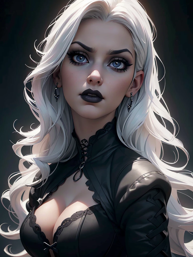 a beautiful busty goth princess woman,corset,white hair,dark mascara,long lashes,tattoo,black short bangs,curly hair,(best quality,4k,8k,highres,masterpiece:1.2),ultra-detailed,(realistic,photorealistic,photo-realistic:1.37),portrait,chiaroscuro lighting,dramatic lighting,dark moody colors,dramatic colors
