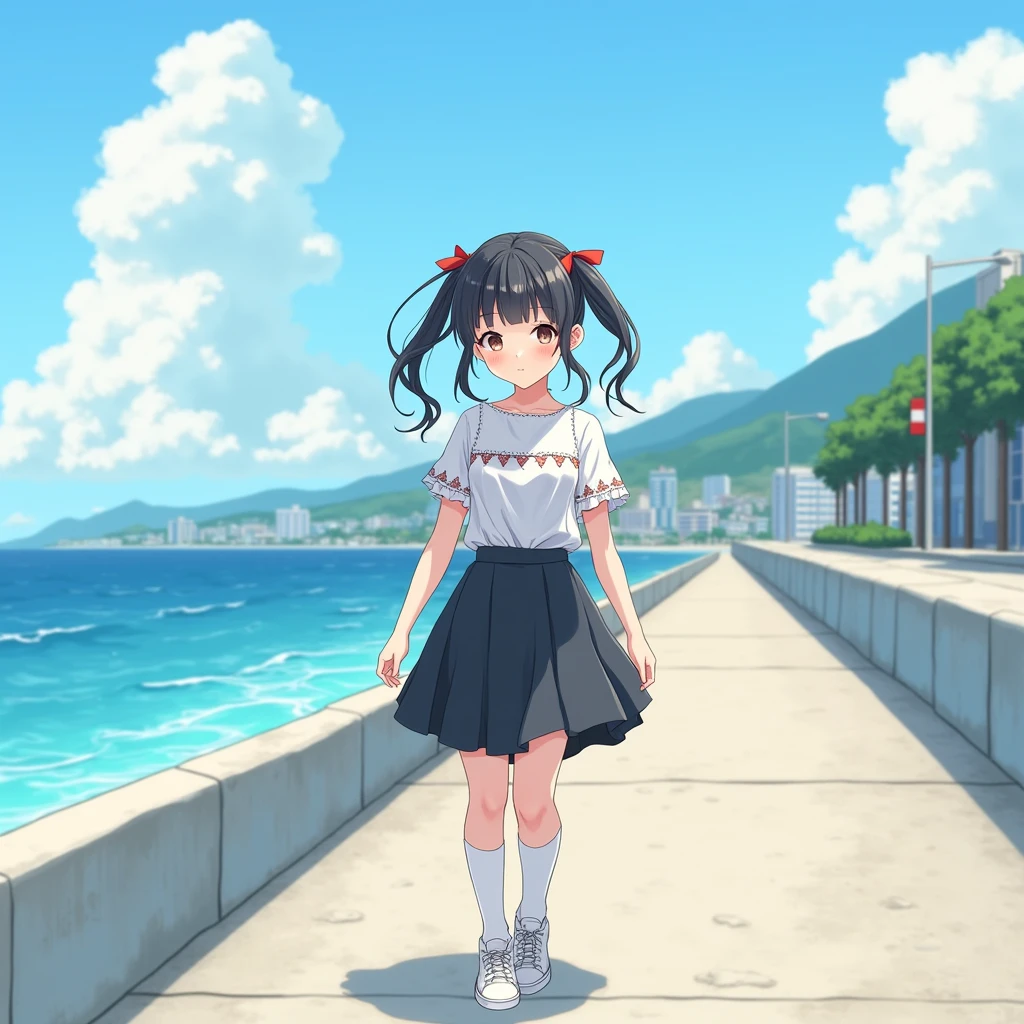 Anime Style,
Ocean沿いを歩く一人の少女.
She is wearing a cute white decorated blouse with short sleeves and no buttons., mid black flare skirt, no school uniform, no pleated skirt,
Wearing white knee-high socks, Wearing sneakers.
Her hair style is low twin tails, with red ribbons, very long length and black. Not high twin tails.
Late teens, Small breasts, Has dark brown eyes.
Concrete revetment, Ocean, Ocean岸線, Mountain, Streetscape,
Daytime, from front.