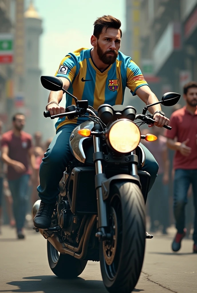 Messi is driving a motorcycle with many people