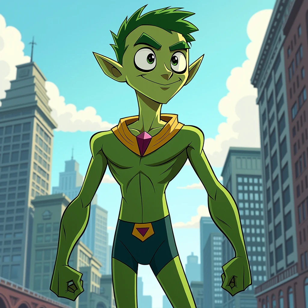 Beast boy cartoon design without body and tall and without big head in teen titans animation in the city