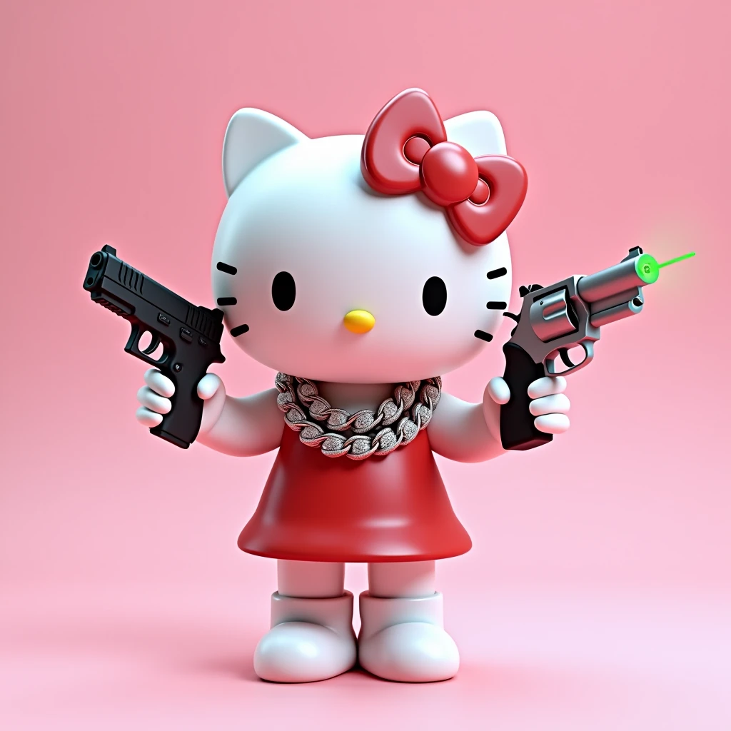 (Hello Kitty white) (3D format) (empty pink background) She has some diamond Cubans on her neck, In his left hand he has a black Glock. This Glock has a very powerful green laser., and in the other right hand he has a model 38 revolver, color gris (He is pointing the .38 revolver at the sky)