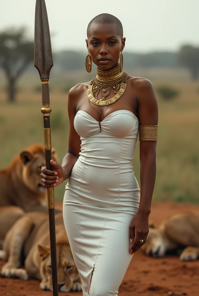 Tyra banx shaved head (very big size breasts 2.1) very small, very wide hips, model super sexy fit, tight white leather Sfrican dress, 3 tik gold chokers aroud her neck, gold band on her forhead, aroun her head, long zulu spear in herhand, standing in Africsn savaa lions sleepig behind her. 