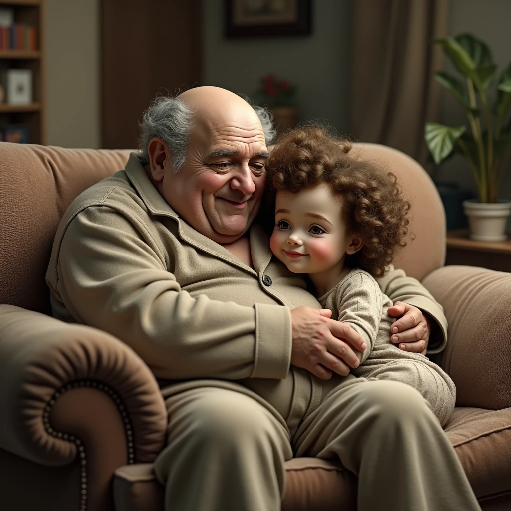A bald old fat man is sitting on the sofa and kissing Shirley Temple。Retina screen, 