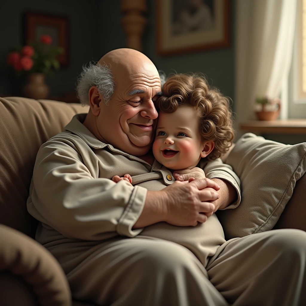 A bald old fat man is sitting on the sofa and kissing Shirley Temple。Retina screen,