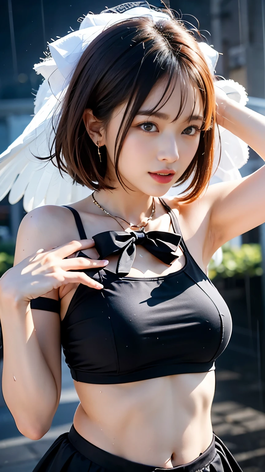 (masterpiece, Highest quality:1.2), 8k, Official Art, RAW Photos, Unbelievably absurd, (Upper Body, Seraphim:1.4), beautiful girl, 1、Cute Face, Arched back, Navy Pleated Skirt, close, Short sleeve, Gardenia, Viola Lace, 10 generations, street, Looking at the audience, Film Grain, chromatic aberration, Sharp focus, Face Light, Dynamic Lighting, Cinema Lighting, Detailed eyes and face, Background blur, (1 dark red bow tie:1.2)、(heavy rain、Dark Sky:1.5)、One Girl、blush、View your viewers、(Huge breasts:1.2)、Soaking wet hair、Wet Face,Wet Skin、Wet body、Wet costume、flower、hairpin、necklace、Earrings、Depth of written border、尖ったRed Mouth、Red Mouth,clavicle、Beautiful fingers、Please loosen your tie、cute Wet Face、Wet clothes sticking to my chest、Wet, see-through clothes、Short Hairstyles