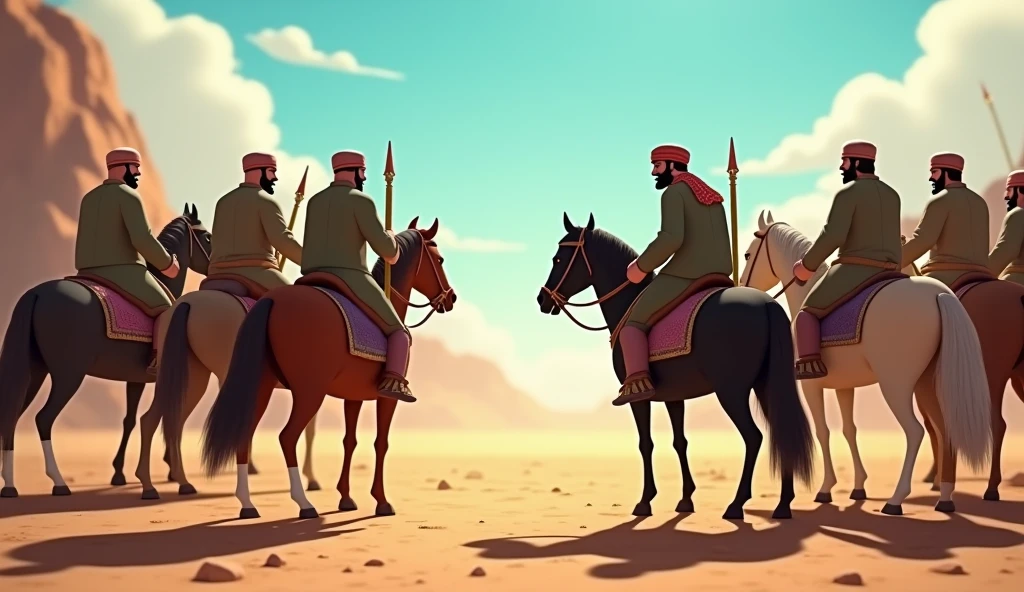 Animated image of Muslim people riding horses being confronted by Muslim criminals on horses