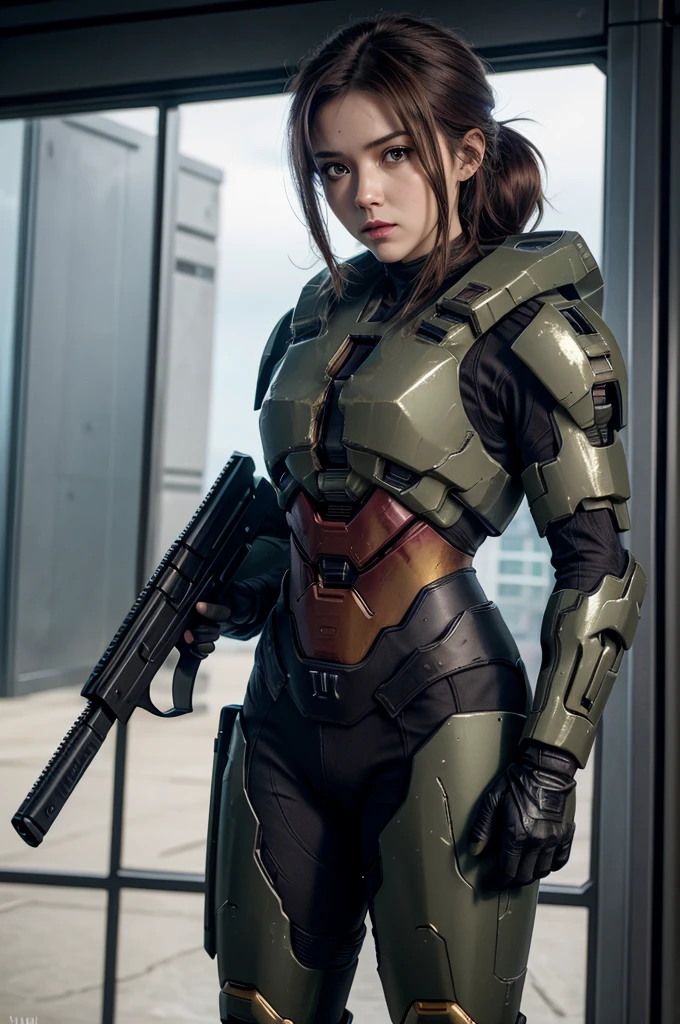 Halo art, Halo Spartan, Solo female, Halo Spartan with Red armor with dark grey accents, red Halo helmet with grey forehead bill and gold visor, tactical attachments, holding a halo shotgun, standing in a facility background