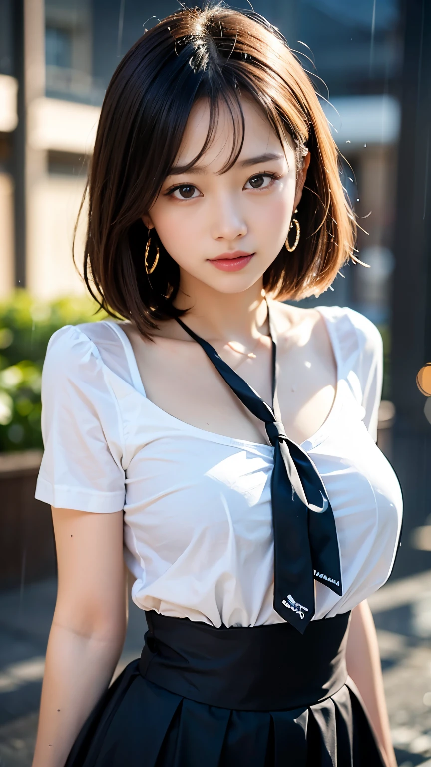 (1 nogizaka girl,15years old face,raw photo,photo realistic:1.5),(best quality, high quality,HDR, highest quality,ultra high resolution,high resolution,high res,ultra high difinition,huge file size,8K,2K wallpaper,8K wallpaper,high quality texture,amazing,an extremely delicate:1.4),one girl, Japanese famous idol,cute face,small face,absurd,ridiculous,incredibly ridiculous,blurry background,(school uniform,blazer,short hair,cleavage,no makeup:1.2),medium skin,beautiful skin,detailed skin,black hair,silky hair,black eyes,Japanese nose,5-fingers,(Light Particles, Lens Flare, Luminous Particles: 0.7),looking at viewer,bright lighting,professional lighting,girl