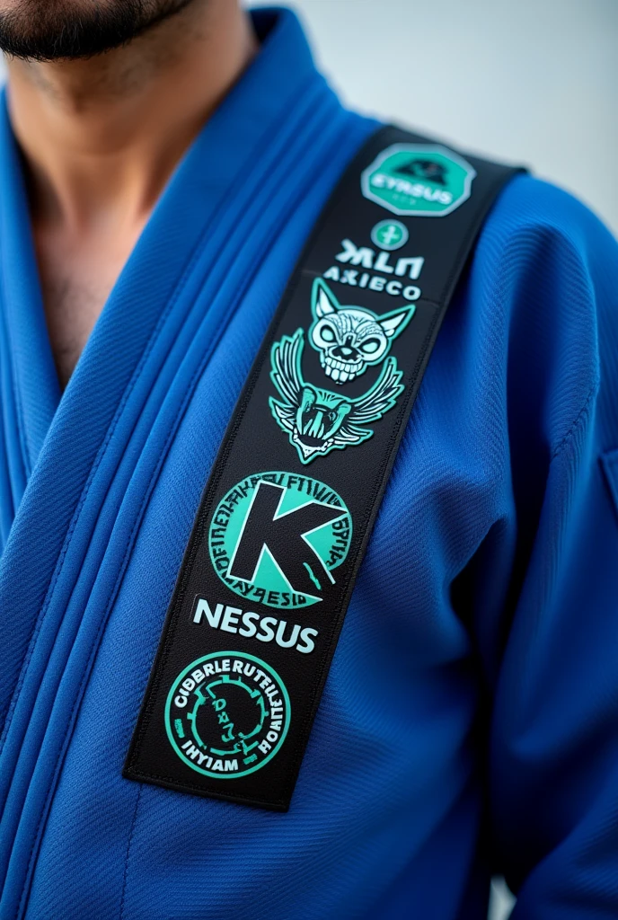 Make a sticker to personalize my bjj kimono with cybersecurity references. I would like it to have something from Kali Linux., Hydra, iso20001, Nessus The bjj kimono is blue , show the full result 