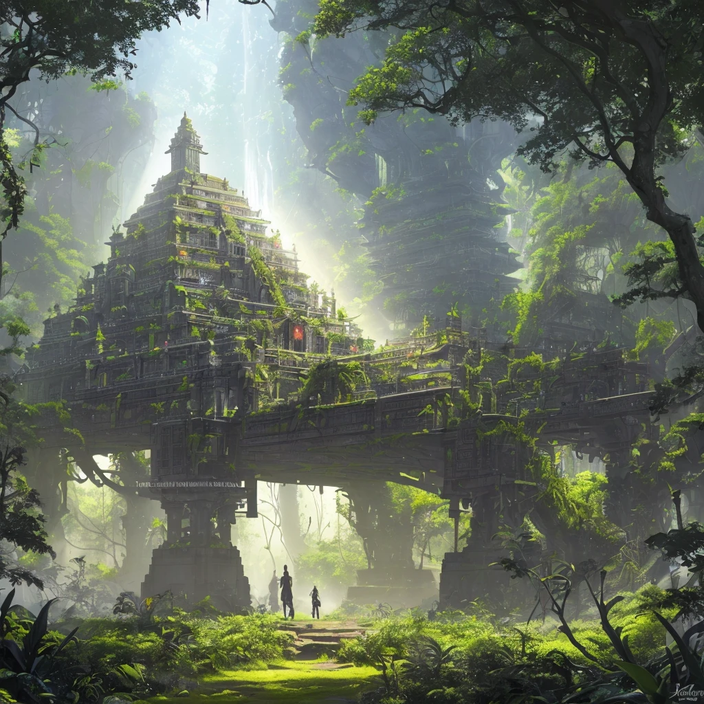 (a massive pyramid,naturalistic,overgrown with foliage),giant mecha of an Aztec god,figs,vines,jungle,ancient civilization,imposing presence,cryptic symbols,impressive engineering,complex machinery,detailed gears and joints,weathered metal and stone,concealed power source,moss-covered surfaces,mysterious atmosphere,ancient technology merging with nature,rays of sunlight piercing through the foliage,heavy footsteps signaling its movement,shadowy corners and hidden passages,ancient artifacts scattered around,exotic flora and fauna,gold accents glinting in the sunlight,sound of buzzing insects and chirping birds echoing in the distance,imposing and awe-inspiring,mixture of mythology and futuristic technology,rich color palette,high contrast lighting,ethereal and surreal,hints of supernatural power,immense scale and grandeur.(best quality,highres,ultra-detailed,photorealistic), Aztec god mecha emerging from the jungle-covered pyramid.