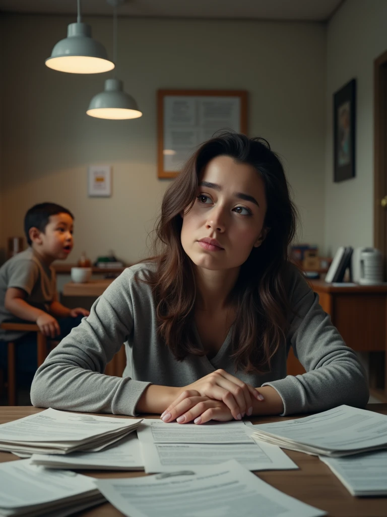 Un appartement modeste, avec Sarah assise à une table, visiblement fatiguée, entourée de factures et détails (d'une jouant à proximité)qualité UHD8k