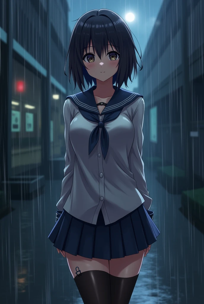 best quality, ultra-detailed, high resolution, extremely detailed cg, anime picture,rain, night, thick thighs, school uniform, panties, pleated skirt, miniskirt, navel,urabe mikoto, black thighhighs, shy, , torn thighhighs, bra visible through clothes,thigh gap,sexually suggestive,