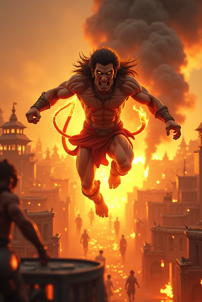 In cinematic 3d cartoon style Prompt: "A dramatic scene of Hanuman, his tail ablaze, leaping across the rooftops of the golden city of Lanka. Flames are spreading, and black smoke is rising into the sky. The background shows terrified demons running and trying to extinguish the fires, while Hanuman, with a fierce expression, continues his rampage, showcasing his divine power and determination."
