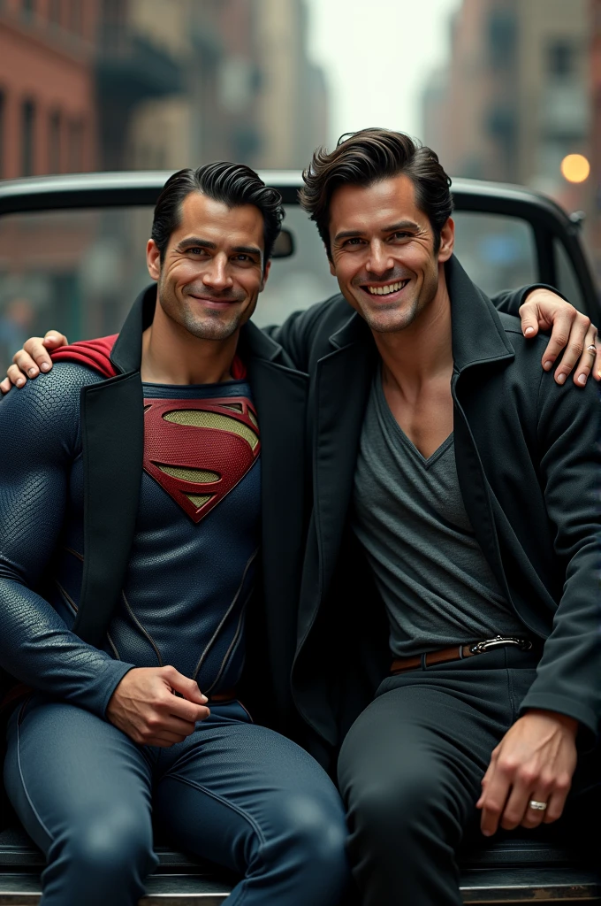 Superman and Shazam wearing a black pant coat and sit in a car without roof and both smile make the image cinematic