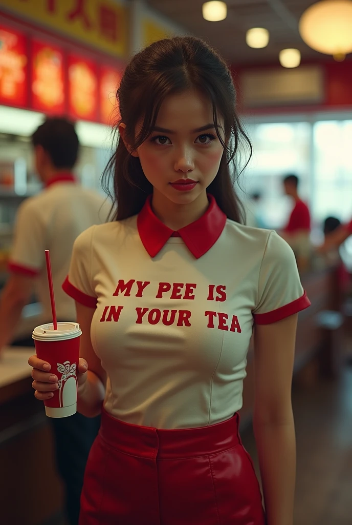 A pretty waitress in a fast food restaurant wearing a shirt that says:MY PEE IS IN YOUR TEA,she holds a drink cup in her hand,realisti