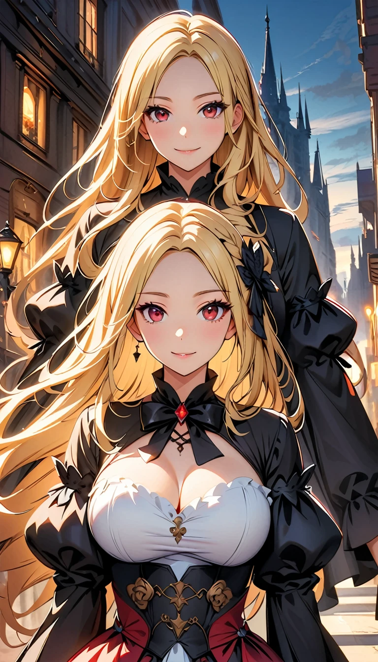 Woman in dress and boots , Baroque Dress, Wearing an elaborate steampunk dress, Elegant Gothic Princess, Victorian Gothic Fashion, historical Baroque Dress dark, Red Gothic Dress, Fantasy style clothing, Rococo Dress, Black Rococo, Fantasy Costume, wearing a Gothic Dress, Romantic Dresses, Gothic Dress,blonde,,(((Upper body portrait))),Red eyes,city,Big Breasts