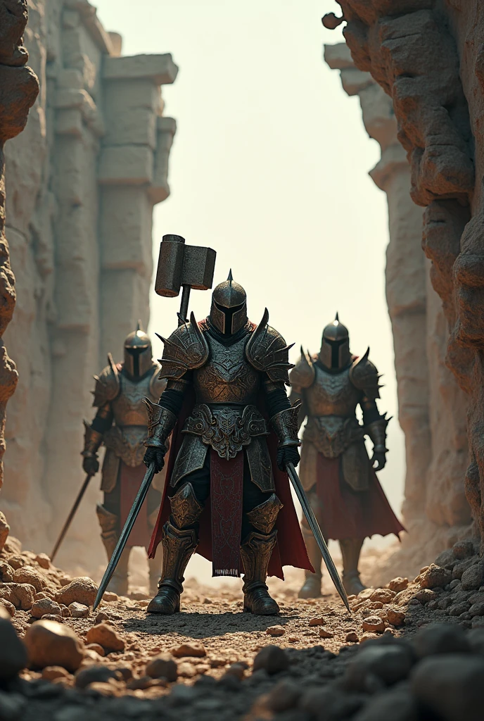 three armored warrior, two hold swords, one holding hammer, outside break hole wall only, with light