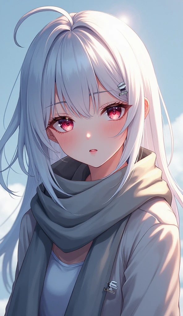 anime girl with white hair and scarf looking at camera, a character portrait by Yang J, trending on cg society, fantasy art, girl with white hair, perfect white haired girl, stunning anime face portrait, beautiful anime portrait, white haired, white beautiful hair, beautiful anime face, detailed portrait of anime girl, beautiful digital artwork, beautiful character painting, beautiful anime girl