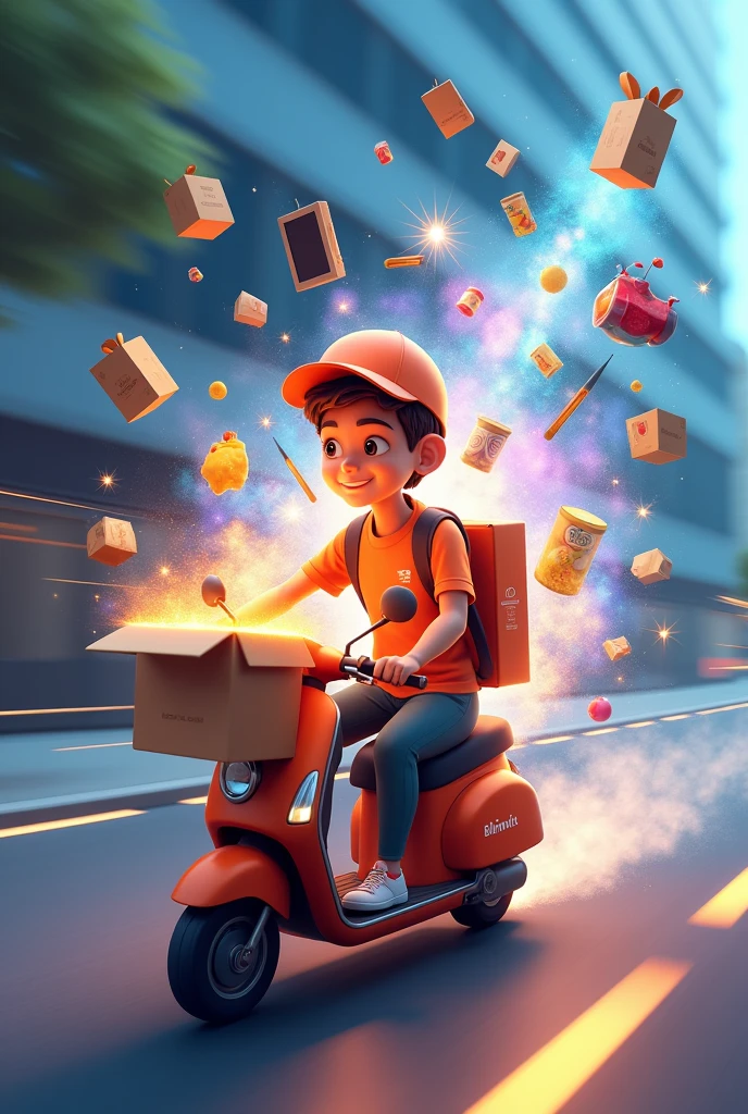 A delivery boy, dressed in Blinkit’s uniform, is riding a scooter horizontally across the canvas. The scooter is in motion, with a slight tilt to suggest speed. The delivery box on the back of the scooter is open, and from it, a magical, swirling jini (genie) is emerging. The jini is colorful and ethereal, with a whimsical, smoke-like appearance.
The jini is reaching out with its hands, and various products like groceries, electronics, and household items are floating out of the box and being distributed in the air. The products are surrounded by sparkles and a glowing aura, emphasizing the magical quality of the jini’s action. The background is dynamic, with streaks of motion to highlight the speed and activity