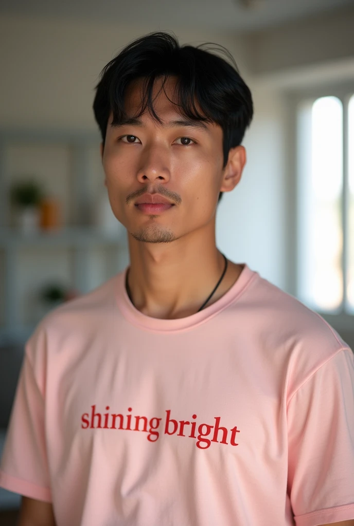 A man with a serious facial expression wearing a light pink T-shirt with the words "Shining Bright" printed on it. The background appears to be an indoor setting with bright lighting that highlights the man's face and T-shirt. He has short black hair and a slight mustache." 8K, Photografy Selfie Realistic