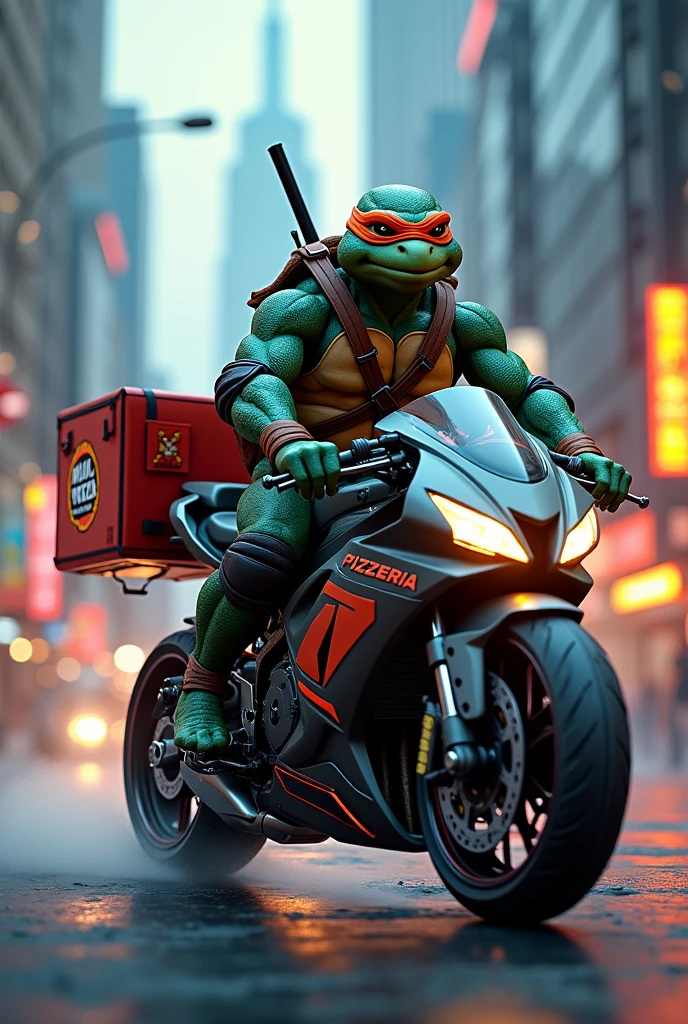 An image of a ninja turtle on top of a motorcycle with a pizza bag on the bag that says Ninja Pizzeria