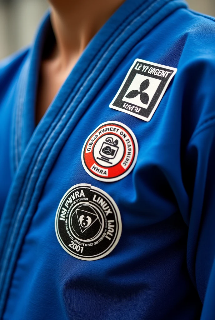 Make a sticker to personalize my bjj kimono with cybersecurity references as a hacker I would like it to have something from kali linux, Hydra, iso20001, Nessus The bjj kimono is blue , show the full result