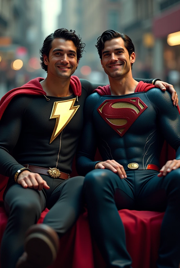 Superman and Shazam wearing a black pant coat and sit in a car without roof and both smile make the image cinematic