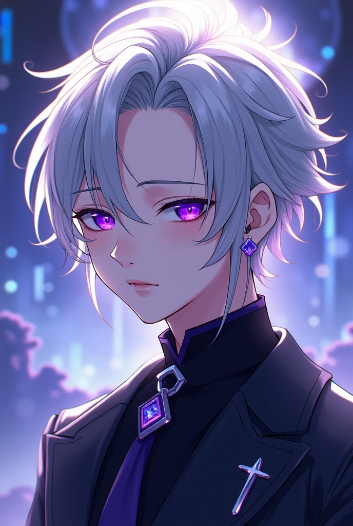 Anime, handsome youth, silver hair that is slightly pulled back on the left side
very ruffled at his forehead, dividing into multiple other strands, mesmerising amethyst eyes, male idol, amethyst cross earring on the left ear, noble bearing, demon ascendance, sci-fi clothes, androgynous face with lustrous skin and soft features, androgynous neutral voice