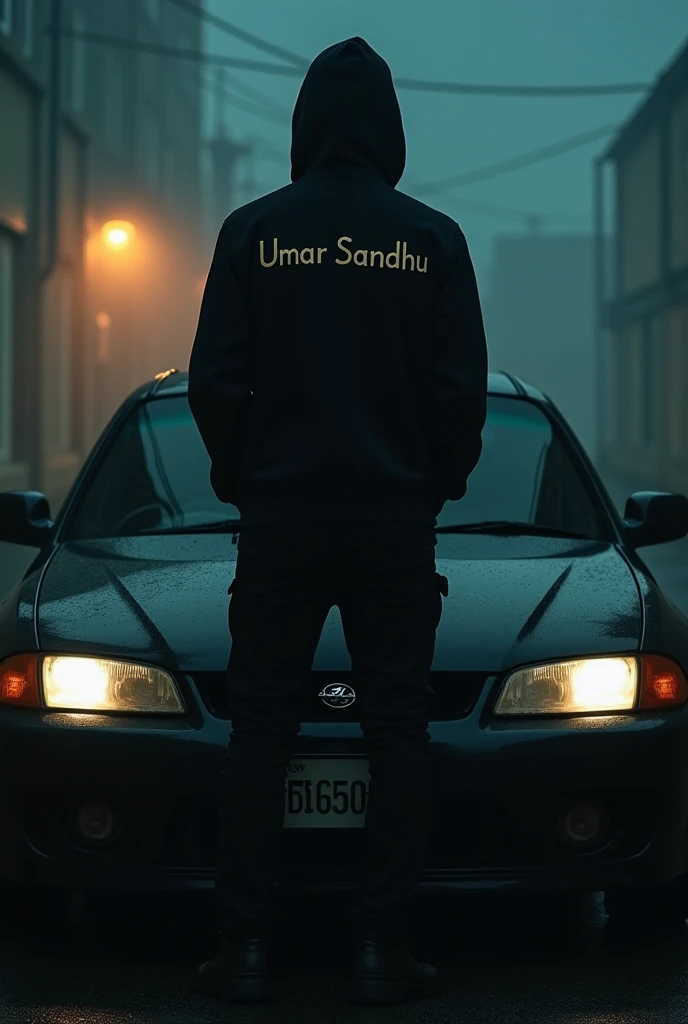 Generate best hidden face picture of man standing near car and Umar Sandhu name is written on full car in beautiful way