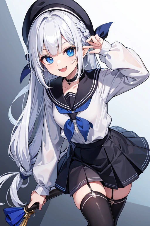 Vampire, blue ribbon sailor shirt, blue eyes, black skirt, white hair, french braid, black thighhighs, fangs, mischievous smile