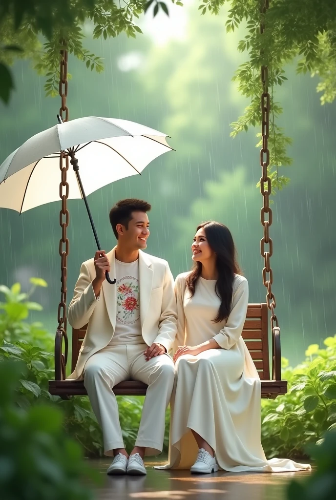 Slowly slowly rain with Ali and waniya enjoy rain with garden and couple sitdown in a chain swing and Ali plug in umbrella color white and Ali white dress coat and flowers design t shirt and waniya dress color white frock and Ali shoe's color white and waniya shoe's color is white and couple smiling faces in prompts generate 