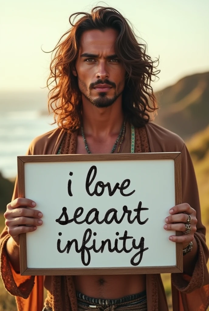 Beautiful man with wavy long hair, bohemian dress, holding a white board with text "I Love Seaart Infinity" and showing it to the viewer