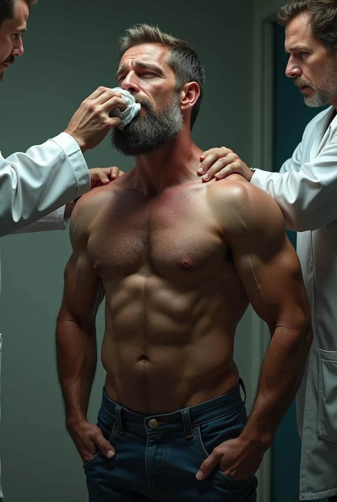 A very muscular man, 40 years old, shirtless and barefoot, he is hold from behind by a doctor. The doctor puts his hand over the muscular man's nose and mouth with a white folded hankderchief. The muscular man is sleepy.