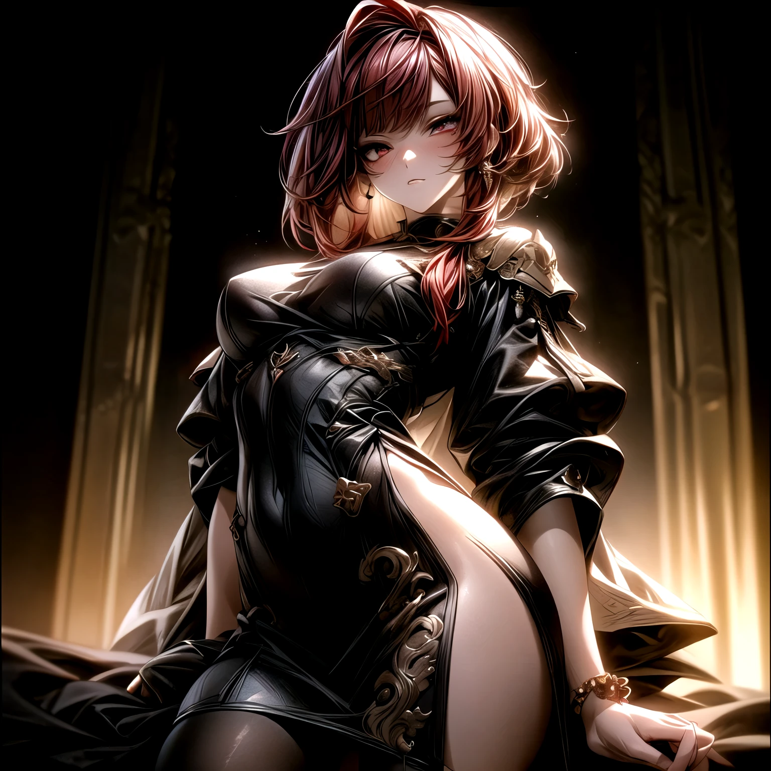 (best quality)), ((Masterpiece)), (details:1.4), 3d, HDR (high dynamic range), an image of a beautiful cyberpunk female, Fantasy, Cyberpunk, Red hair, Curtain Bangs, Sleek style, Hips up, Beautiful Red eyes, จมูกโด่ง, ปากแดง, หน้าอกใหญ่, nvidia RTX, PBR surface, After processing, Anisotropic filtration,depth of field, Maximum clarity and clarity, multi-layered surface, Subsurface scattering, perfect proportions, 8K raw files, ultra detailed, Perfect proportions, volumetric lighting, soft lighting, Holy Paldin, Heavy Golden Armor, Red dress, intricate Silver embroidery, glossy skin, Bed room background, jewely, ต่างหู, นิ้วมือสมบูรณ์, mini red skirt,