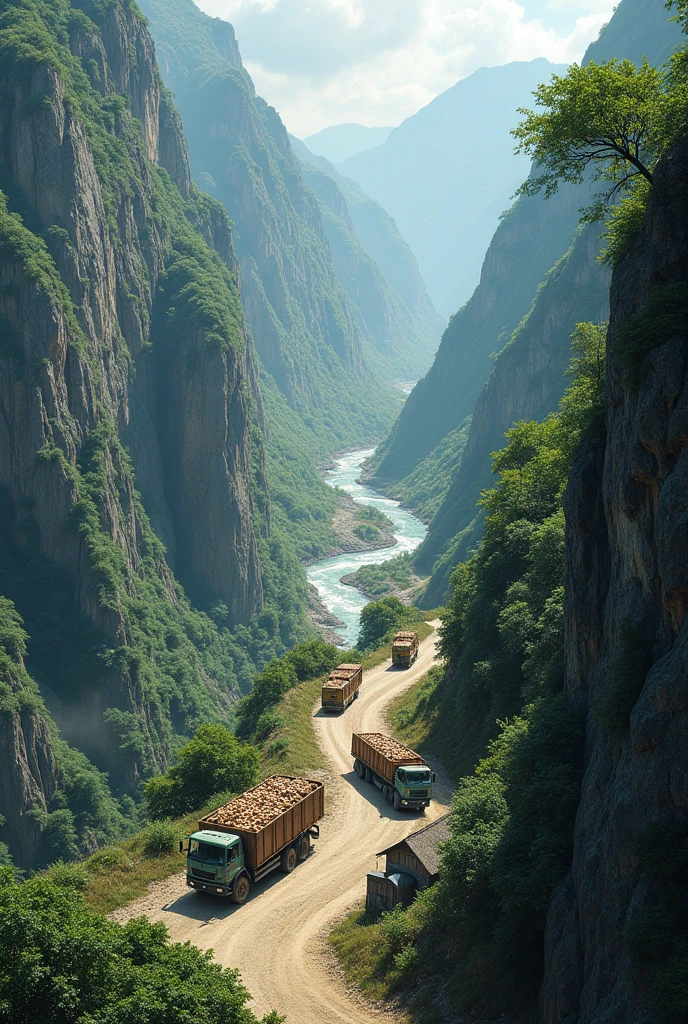 Create a road that was made on the sides of a huxe rockey mountain clif. And also beneath the cliff a huge brown river is flowing. Few plants are growing on the road. There are natural caves near the road. Lush green forest beside the river. There are small typicle PNG highlands round houses on the sides. Dusty Trucks with their trailers overloaded with bulb onions drove down the road