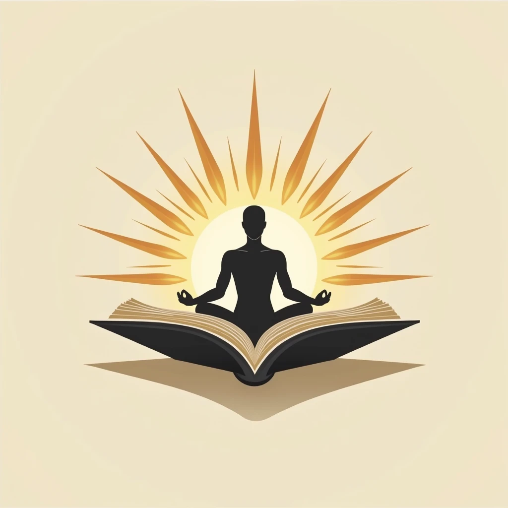 A logo combining an open book with rays of light emanating from it, with an abstract human figure in a meditative pose, representing the fusion of wisdom, philosophy, and personal growth."