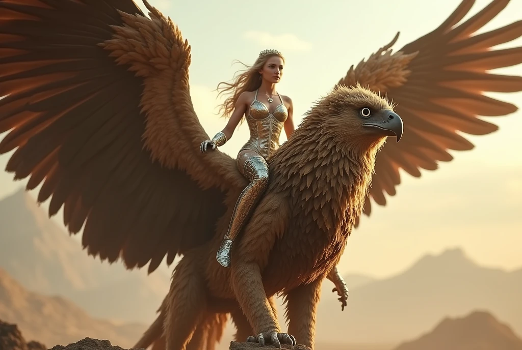 A griffin with its wings spread, the wings and upper body of an eagle, the body of a lion, a sharp beak, a beautiful and powerful figure, and a princess wearing armor on its back, ((masterpiece, Highest quality, Best image quality, High resolution, Realistic, RAW Photos, 8k)), ((Highly detailed CG synthesis 8k wallpaper)), (Huge and stunning goddess shot, Very hot and sexy, Incredible beauty, Perfect Proportions, Beautiful body, Slim body beauty:1.4), front view,