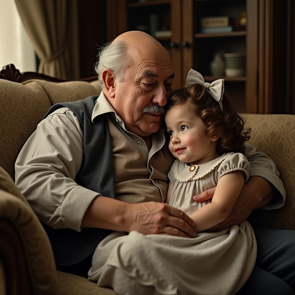 A bald old fat man is sitting on the sofa and kissing Shirley Temple。Retina screen, Portrait photography,