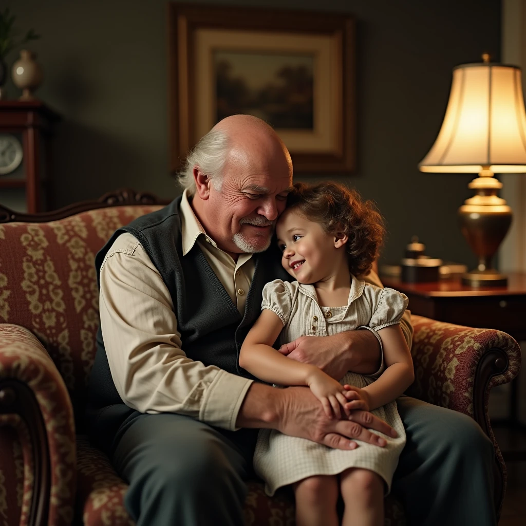 A bald old fat man is sitting on the sofa and kissing Shirley Temple。Retina screen, Portrait photography, 