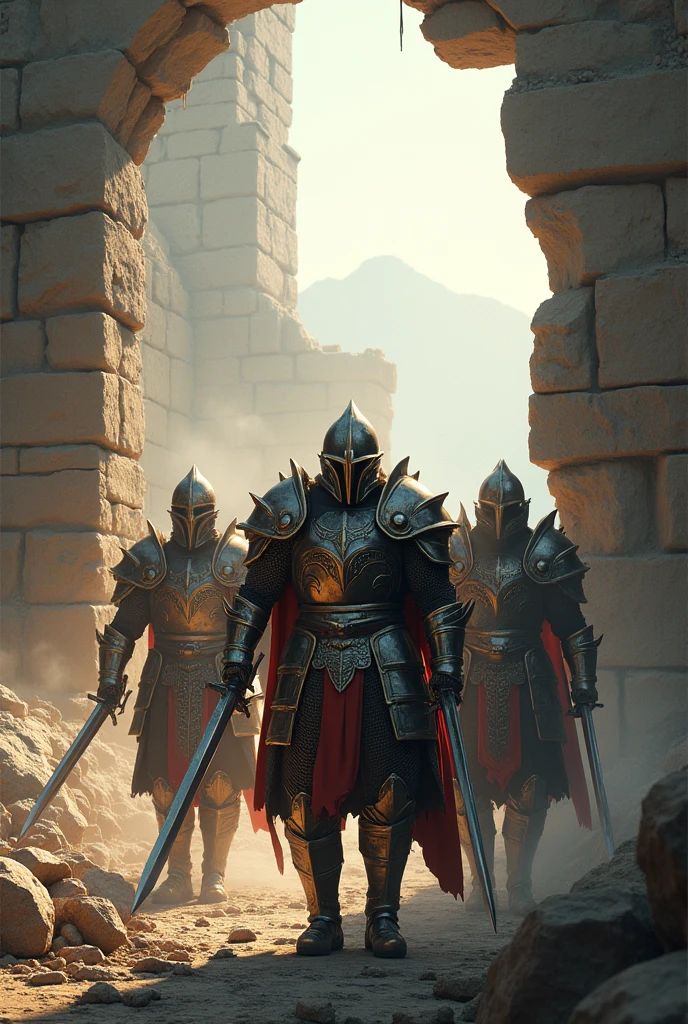 three armored warrior, two hold swords, one holding hammer, outside break hole wall only, with light