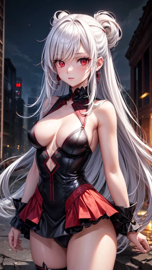 One girl, High resolution, Long Hair, Red eyes, High resolution, high quality, High-resolution model, White Hair，Earrings, Red eyes, First Person View, Ruins at night，
