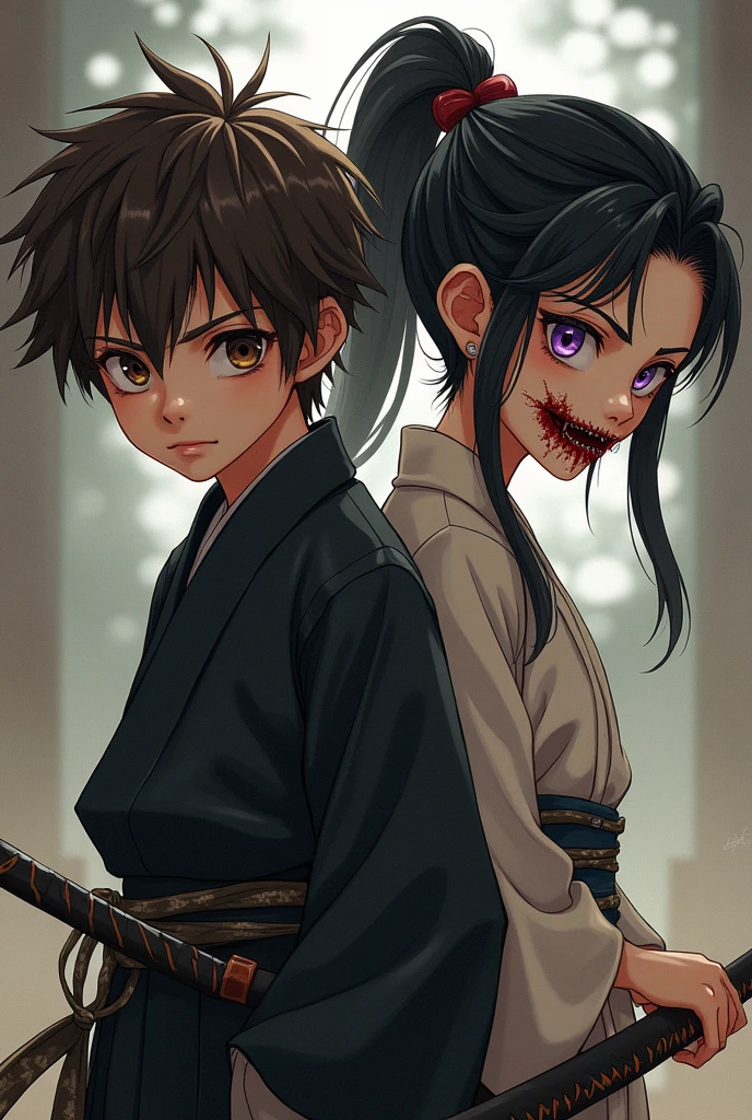 a ninja boy with a katana. He has a brown hair. He wear a Black and white ninja outfit. A japanese girl. Her mouth covered in blood and her one eye's brown and another is purple. She has a mid length hair ponytail. Both are japanese.