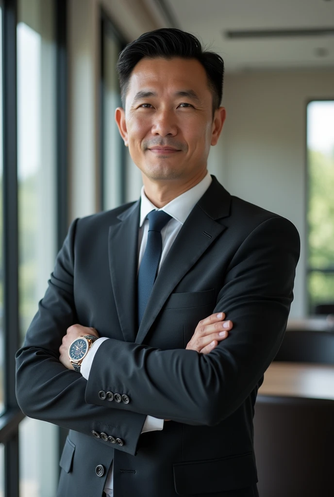 A 4 Thai man, occupation: consultant, financial nanny, wearing a suit, looks warm, straight face, smiles slightly.