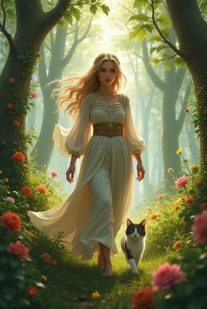 FANTASY STORY, a human woman with long light blonde hair, medieval clothes, green eyes and a small gray and white cat, walking in a forest with trees and flowers together