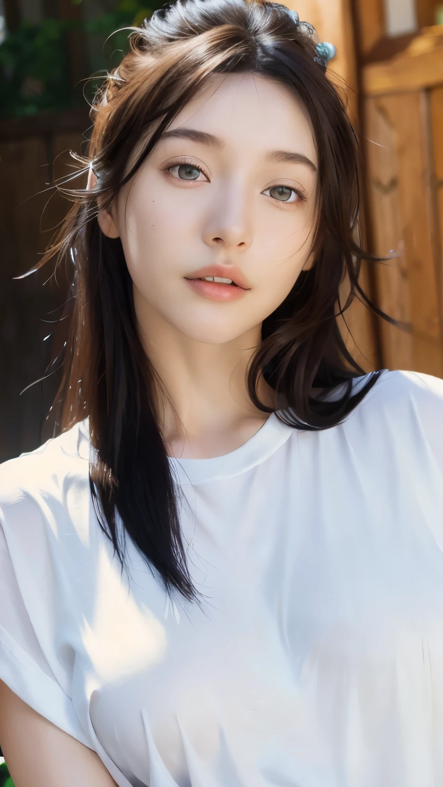 Dressed, (photo Realistic:1.4), (hyper Realistic:1.4), (Realistic:1.3),
(Smoother lighting:1.05), (Improving the lighting quality of movies:0.9), 32K,
One girl,20 year old girl, Realistic lighting, Backlight, Light on the face, Ray-tracing, (Bright light:1.2), (Improvement of quality:1.4),
(Highest Quality Real Texture Skins), Detailed drawn eyes, Detailed painted face,
(Tired, sleepy and satisfied:0.0), Face close-up, T-Shirts,
(Enhance the mood of your body line:1.1), Glowing Skin
