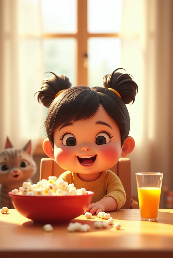 Create a 3D cartoon of a cute and chubby with big, expressive eyes, sitting on a chair. She is joyfully looking at the items on the wooden table in front of her, especially a red bowl full of popcorn, some of which has spilled onto the floor. On the table, there is also a glass of orange juice. The background shows a cozy room with windows, where white curtains are gently fluttering in the breeze. Beside the table, a light brown Maine Coon kitten is sitting, curiously looking at the scene. Render this in ultra high definition, capturing every detail with a focus on realism and charm.