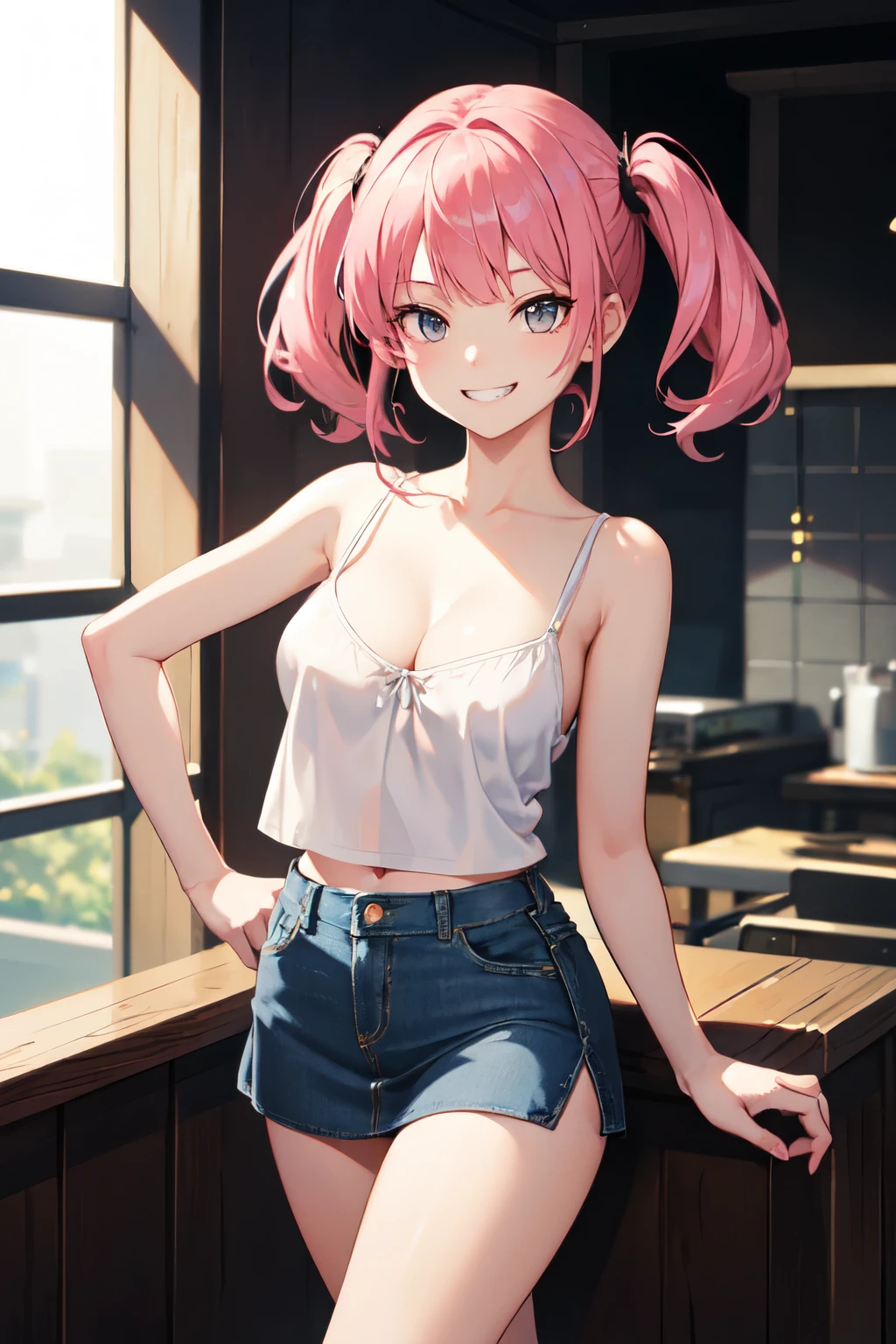 (8k、Highest quality、Highest quality、masterpiece)、Detailed face、One Girl、 Pink Hair、short hair、Twin tails、Blunt bangs、Grey Eyes、Wicked Smile、((Grin))、Small breasts、((White camisole))、((Denim mini skirt))、Cowboy Shot、((I had already finished))、Very large breasts、No pants、Roll up your skirt