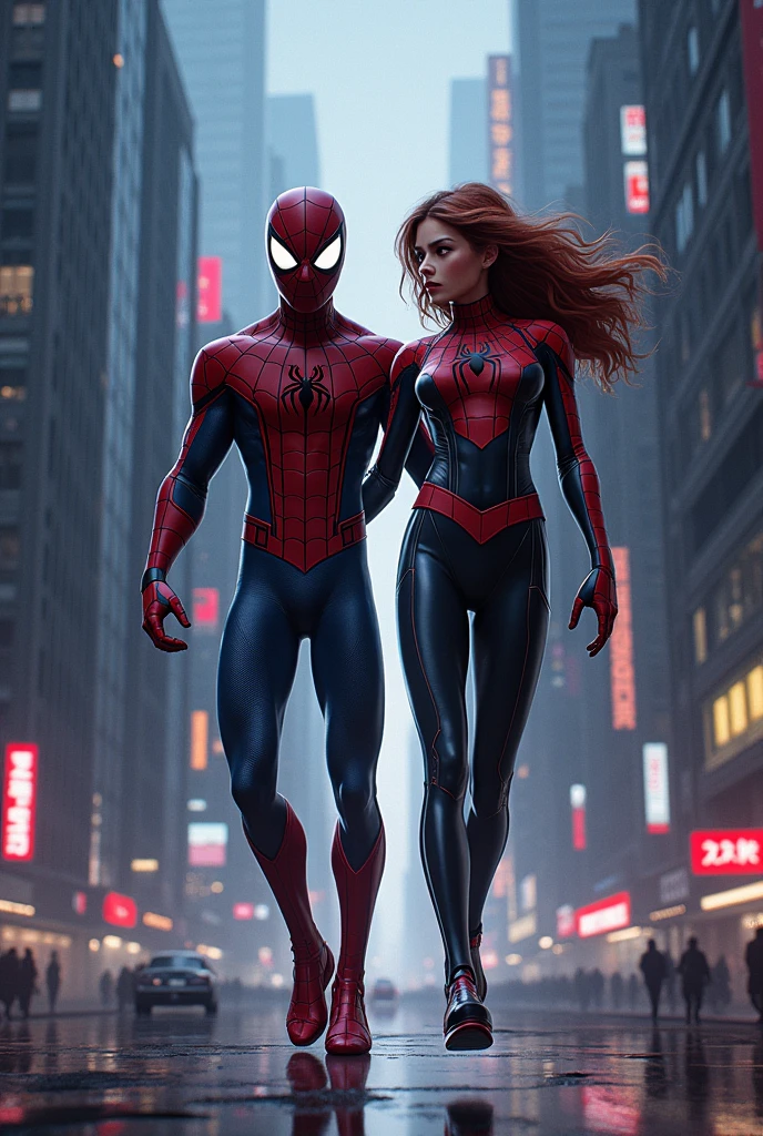 spider man woman - spider man and spider man in a dark city, spider - artistic style in verse, into the spiderverse, spiderverse, in the spider verse, futuristic style spider man, thousands morals!!!, 3840 x 2160, 3840x2160, thousands morals, high quality 4k wallpaper, rendering in sfm, super detailed rendering